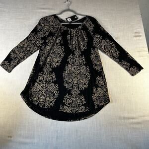 LUCKY BRAND Top Womens Medium Pullover Boho Brown Black Three Quarter Sleeve